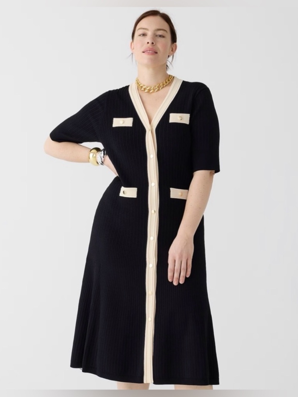 J. Crew Black Midi Cardigan Dress with Cream Trim